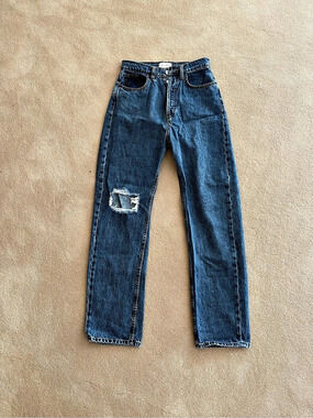 STILL HERE Childhood Jeans Women's Straight Leg Distressed Blue Jeans